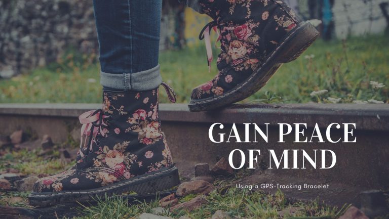 Picture of girly shoes walking on a train track and the picture reads in white writing "Gain Peace of Mind Using a GPS-Tracking Bracelet."