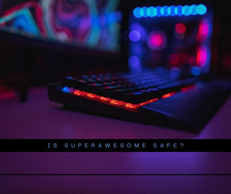 Blurred photo of a keyboard. Gaming aesthetic. Says, "Is SuperAwesome Safe?"