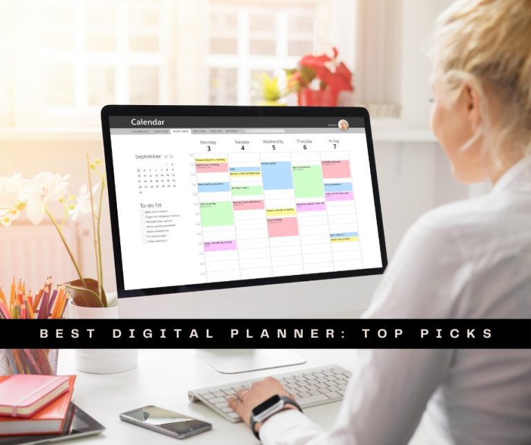 A woman sitting at the computer with a calendar on the screen.