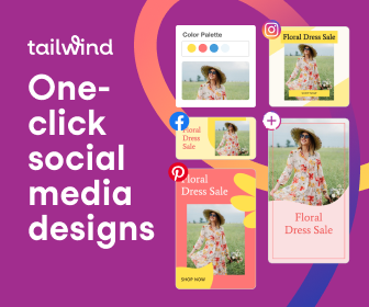 Tailwind ad with a woman in a hat and dress shown as a Facebook, Pinterest, and Instagram post.