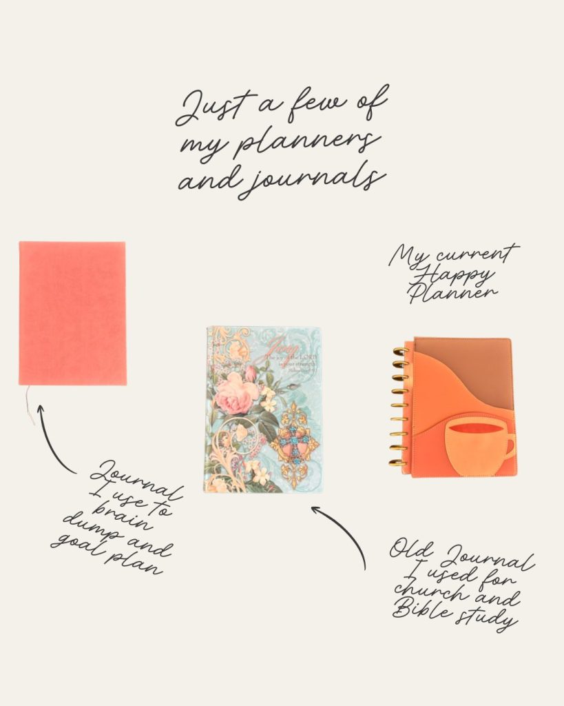 A soft neutral collage featuring three planners and journals on a beige background with handwritten-style notes describing each one, including a Happy Planner, a church and Bible study journal, and a goal-planning journal.