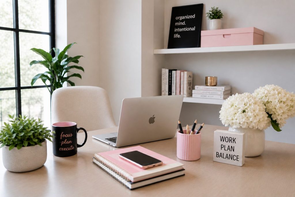 Modern feminine home office workspace with laptop, planner, coffee mug, smartphone, and flowers on a clean desk near a window.
