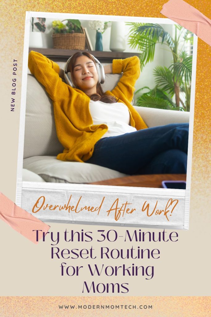 Woman relaxing on a couch with headphones after work, demonstrating a simple 30-minute reset routine for working moms to reduce stress and recharge.