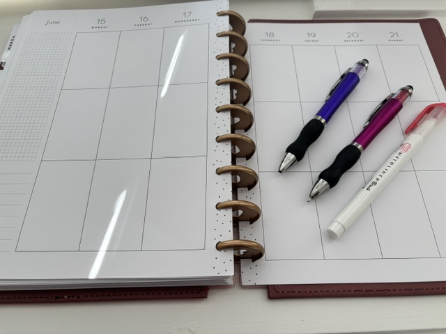 Disc-bound paper planner with colorful pens and a Mildliner marker for organizing weekly plans.