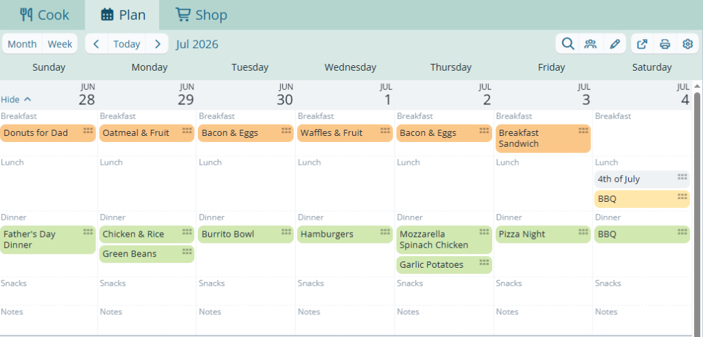 Screenshot of a weekly meal plan calendar showing breakfast, lunch, and dinner ideas organized in the Plan to Eat app.